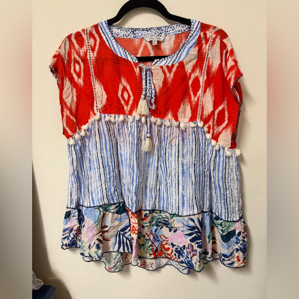 John Mark Red and Blue Patterned Blouse